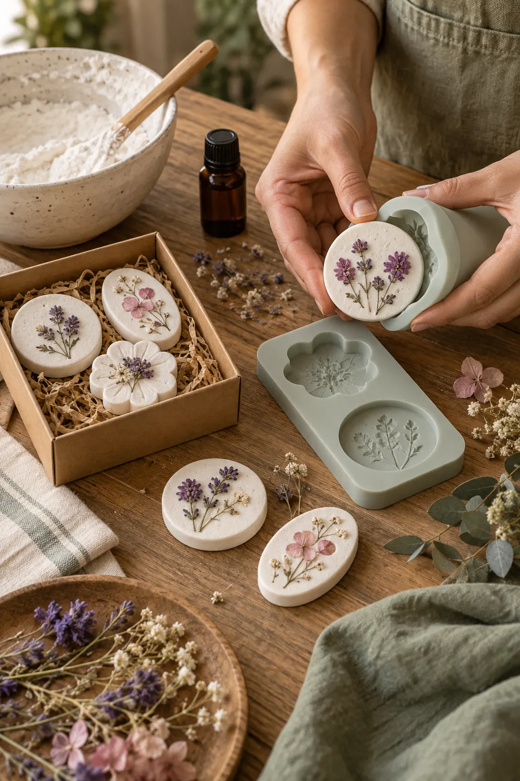 Manos desmoldando una piedra aromática botánica en una mesa de casa